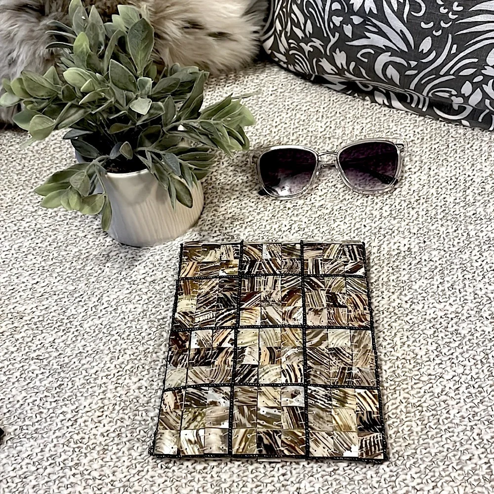 Unique Patchwork Sea Shell Clutch Pouch Bag Purse & Sunglasses Bundle